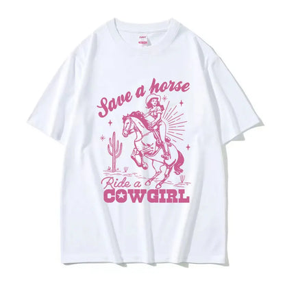 T-shirt décontracté unisexe en coton imprimé "Save A Horse Ride A Cowgirl", style rétro esthétique, Streetwear mode