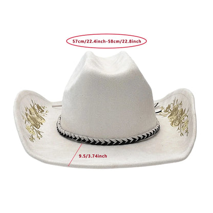Retro Suede Cowgirl Hat for Women and Men, Floral Embroidery Wide Brim Western Cap Jazz Hat Cowboy Hats