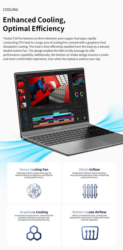 Ordinateur portable Teclast F16 Pro, Windows 11 Pro, processeur Intel N95, F16Pro, 16 Go de RAM, 512 Go de SSD, écran IPS 15,6 pouces 1920 x 1080, Wi-Fi 6, USB 3.2, clavier rétroéclairé, mini-HDMI