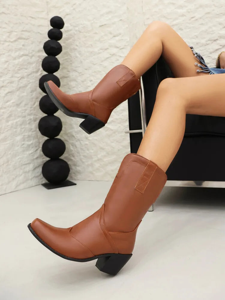 Bottes western rétro noires mi-mollet pour femme à talons épais gothiques, grandes tailles 34-48 777-11