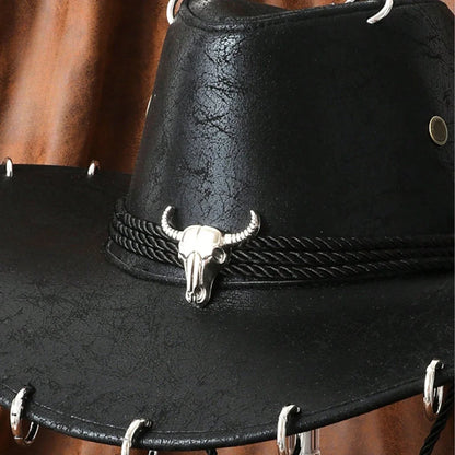 HongLuan – Chapeau de cowboy unisexe en cuir PU noir réglable, style occidental, idéal pour les voyages, avec badge tête de taureau, pour l'extérieur