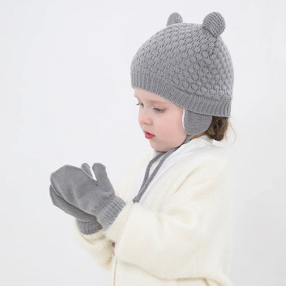 Ensemble de gants et bonnets en tricot pour bébé, protection des oreilles pour bébé, bonnet pour tout-petit, document solide, mignon, guerre en plein air, filles et garçons, automne et hiver, 2 pièces