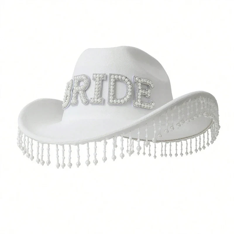 Cowgirl Hat for Bride Elegant Fringed Bead Hat Masquerade Party Letter Bride Hat Dropshipping