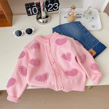 Children's Pink Heart Pearl Color Matching Knitted Cute Casual Sweater Cardigan Girl Spring and Autumn Jacket