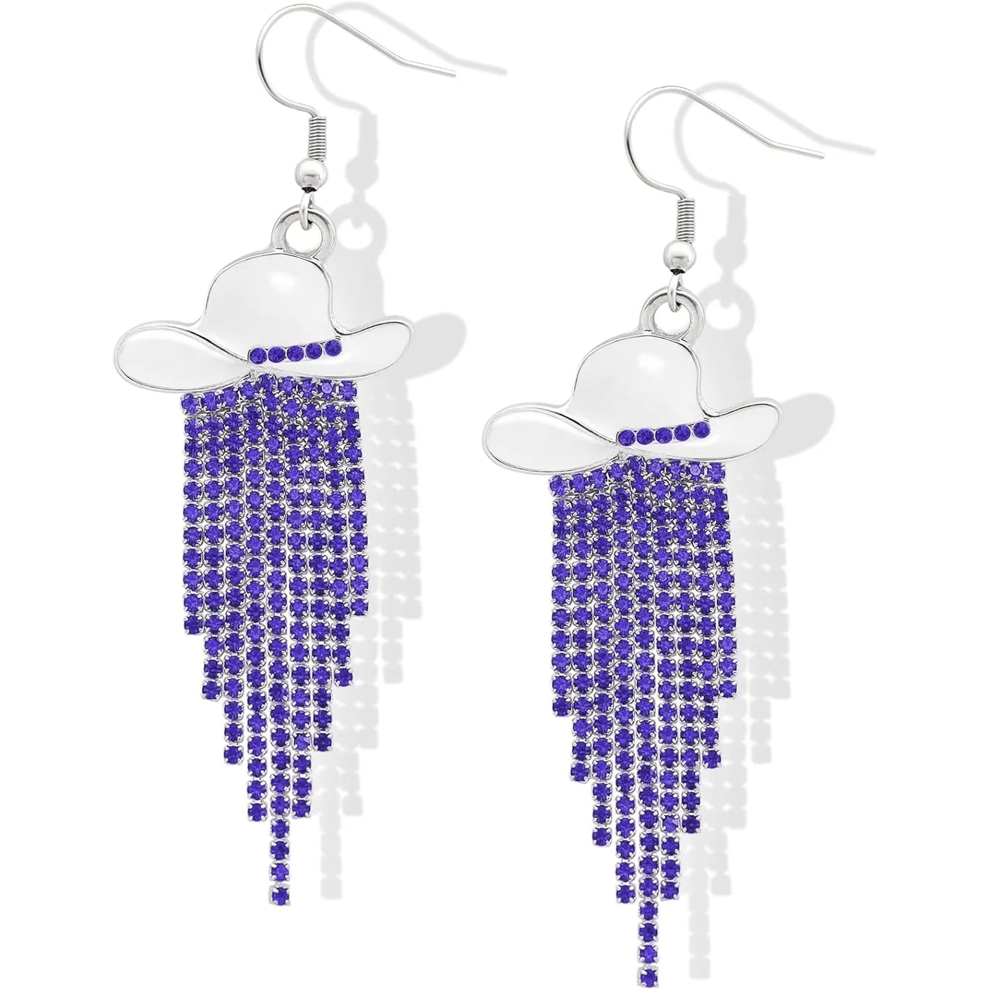 Boucles d'oreilles pendantes de cowgirl de l'Ouest, Chapeau en émail, Pendentif à pompon strass scintillant, Bijoux pour femmes pour bal, concerts country, rodéo, cow-boy