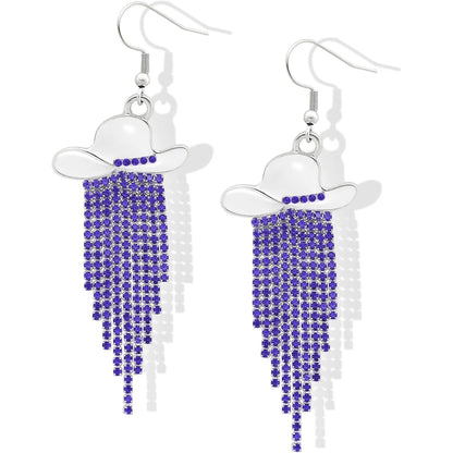 Boucles d'oreilles pendantes de cowgirl de l'Ouest, Chapeau en émail, Pendentif à pompon strass scintillant, Bijoux pour femmes pour bal, concerts country, rodéo, cow-boy