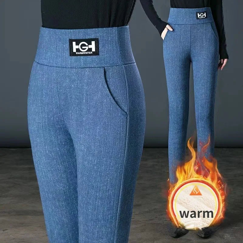 Leggings en laine d'agneau femmes taille haute Leggings chauds en plein air marche pantalons décontractés extensible maigre avec poche Leggings élégants