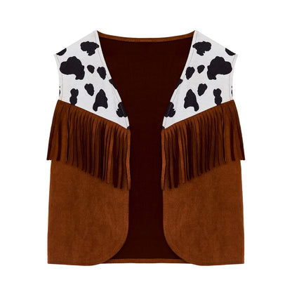 Enfants enfant Halloween Western Cowboy Cowgirl Cosplay Costume imprimé vache gilet à pampilles et ensemble de pantalon évasé Carnaval fête habiller