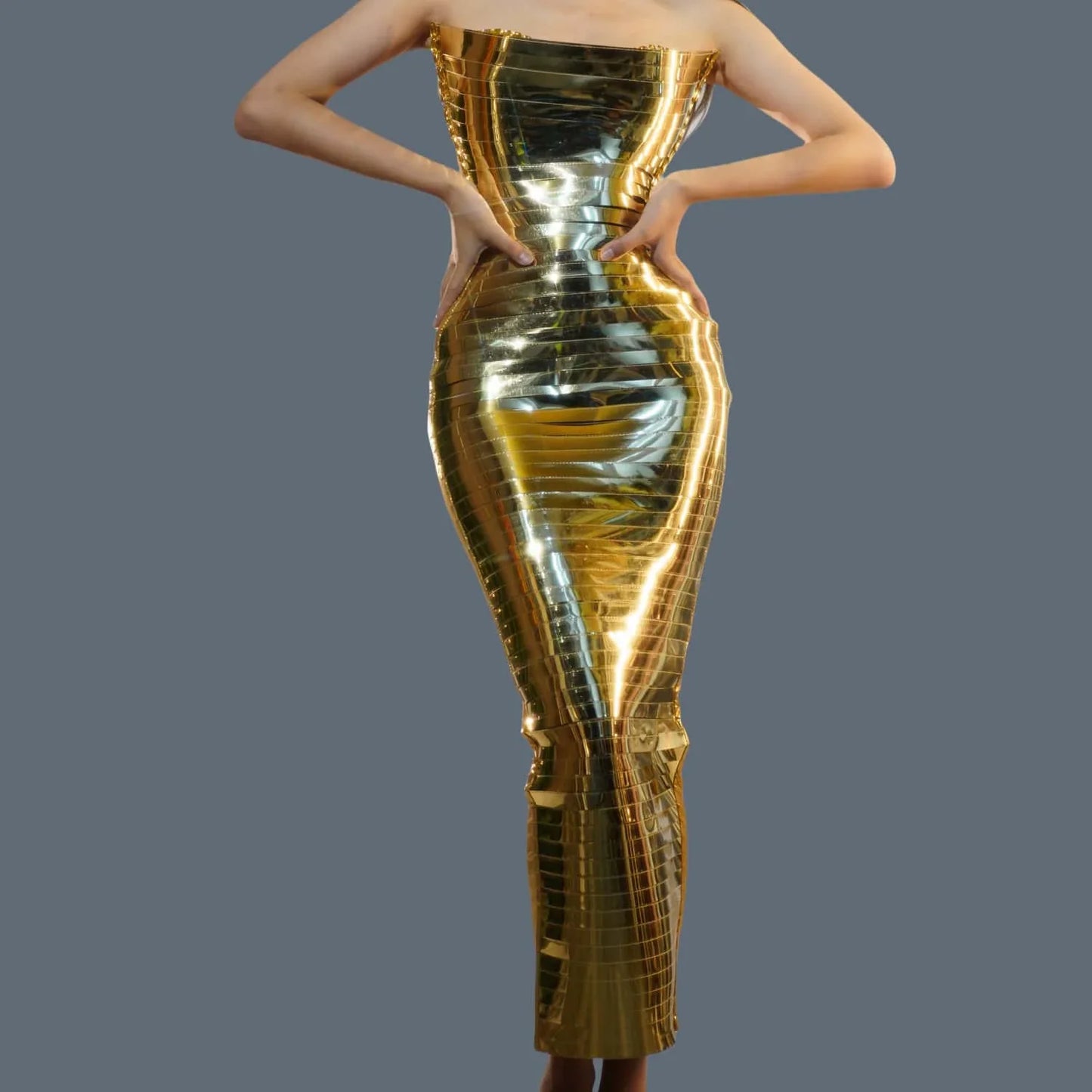 Women's QueParty Prom Dress, Upscale, Golden, Strapless, Sequined, Bar, Maxi, Sexy