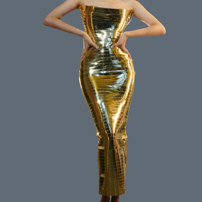 Women's QueParty Prom Dress, Upscale, Golden, Strapless, Sequined, Bar, Maxi, Sexy