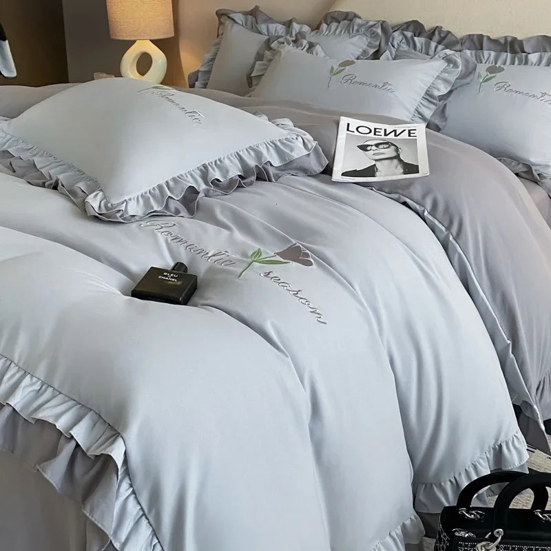 Elegance French Style Bedding Set Duvet Cover Set High Quality  2024 New Lace Princess Embroidery Double Layer Edge King Queen