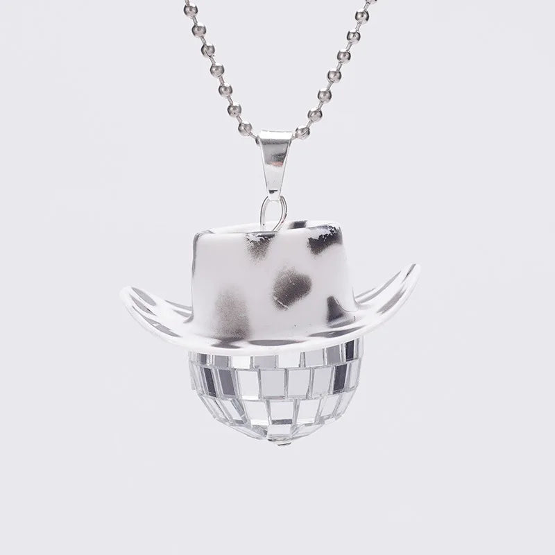 1Pcs Pink Cowgirl Cowboy Hat Disco Ball Neckalace 80s Silver Mirror Balls Pendant for Wedding Birthday Party Favors Decoration