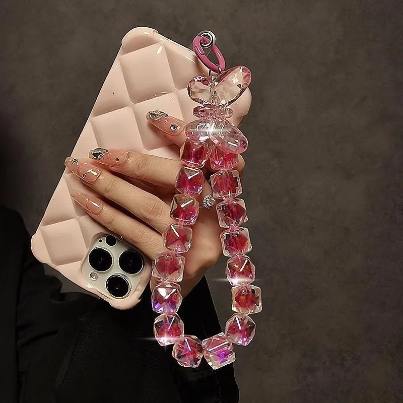 DIY Bracelet Crystal Shinning Acrylic Butterfly Girl Phone Charms Wrist Hanging Strap Mobile Phone Lanyard Phone Bag Key Chain