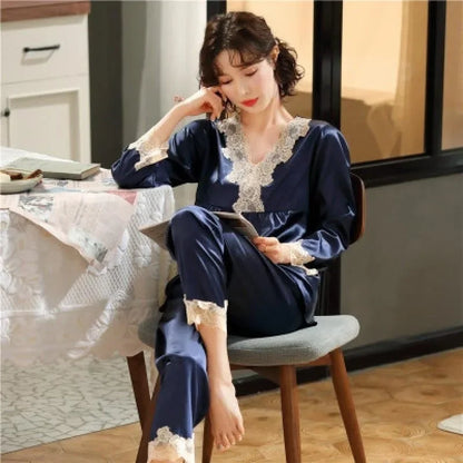 Ensemble de pyjama en satin pour femme - Haut à manches longues et pantalon, couleur unie, imprimé cœur, cardigan, vêtements de nuit pour fille