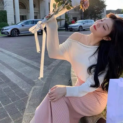 Sweater Mujer Sexy Off Shoulder Knitted Long Sleeve Pullover Femme Autumn Vintage Chandails White Black Top Women Thin Sweater