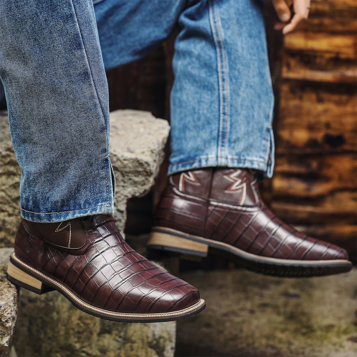 Cowboy Boots for Men - Men's Western Boots with Embroidery, Square Toe Chunky Heel, Durable and Fashionable Retro Classic Footwe