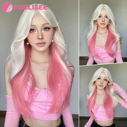 Pink Blonde Highlights Long Wavy Wig Synthetic Colorful Lolita Cosplay Hair Wigs with Bangs for Women Heat Resistant Daily Use