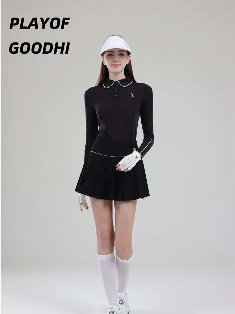 Vêtements de golf pour femme - T-shirt de golf à manches longues pour femme - Hauts de golf à col polo - Jupe plissée taille haute - Jupe-short de golf avec short intérieur