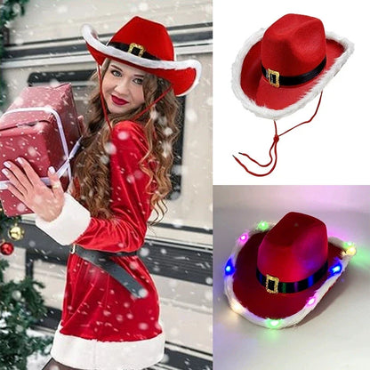 Chapeau de cowboy lumineux de Noël pour fête du Père Noël, chapeaux en feutre rouge occidental, chapeau de cowgirl à large bord, chapeau de jazz pour femmes et hommes
