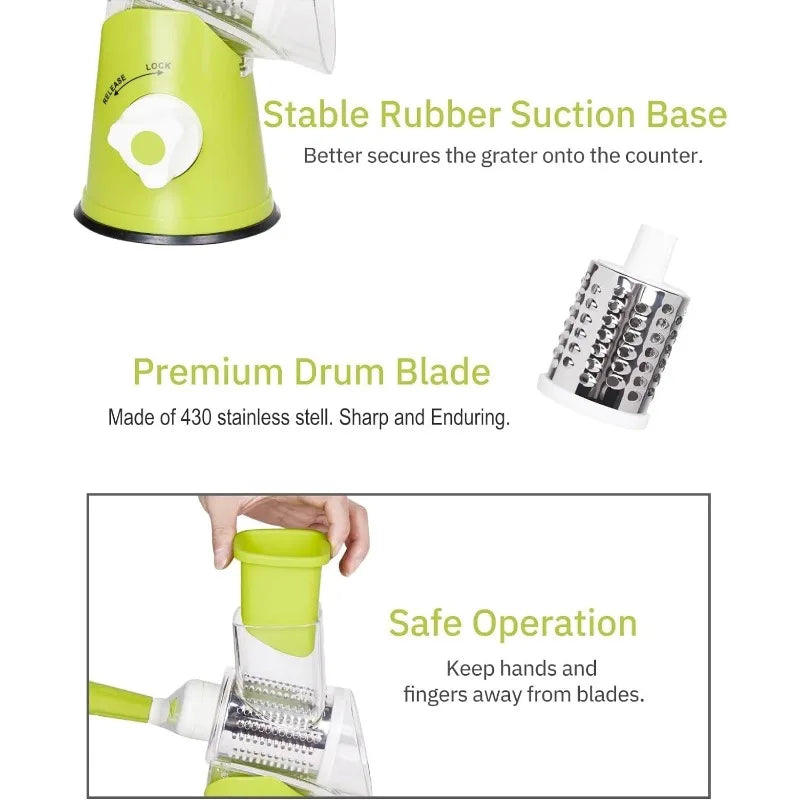 Rotary Cheese Grater Vegetable Cutter & Slicer Manual Kitchen Chopper Machine with 3 Sharp Drums Multifunctional Potato Shredder