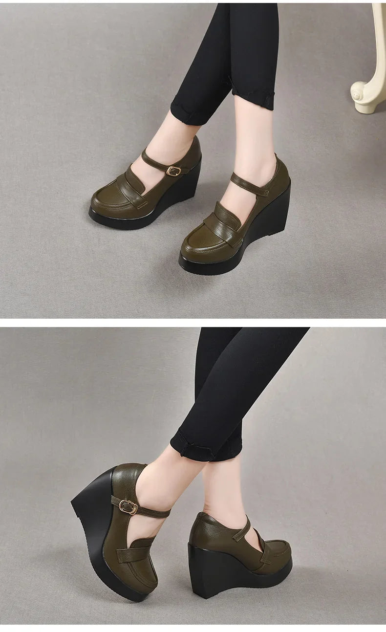 GKTINOO 2025 Compensées Chaussures Femme Printemps Automne À Enfiler Talons Hauts Bout Rond Cuir Véritable Décontracté Plateforme Dames Chaussures Femme