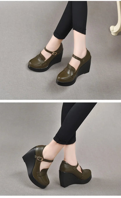 GKTINOO 2025 Compensées Chaussures Femme Printemps Automne À Enfiler Talons Hauts Bout Rond Cuir Véritable Décontracté Plateforme Dames Chaussures Femme