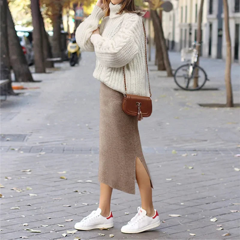 Women's Autumn/winter Knit Bodycon Skirt Medium-length High-waisted Thickened Side Slit Step-length Skirt