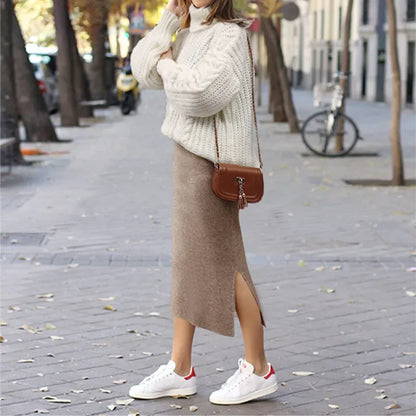 Women's Autumn/winter Knit Bodycon Skirt Medium-length High-waisted Thickened Side Slit Step-length Skirt