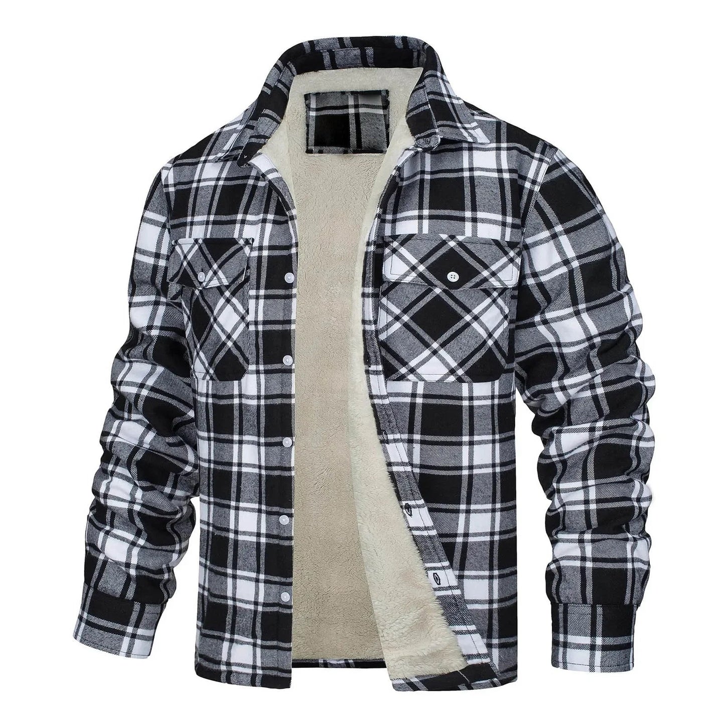 Men Fall Winter Jacket Plaid Print Lapel Soft Plush Long Sleeve Single-Breasted Loose Thickened Casual Mid Length Men Coat