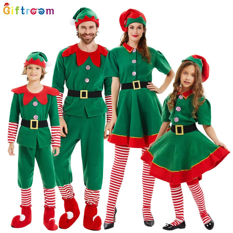 Children and adults Christmas elf costumes, Santa Claus costume sets, green elves, Halloween cosplay in 2026,