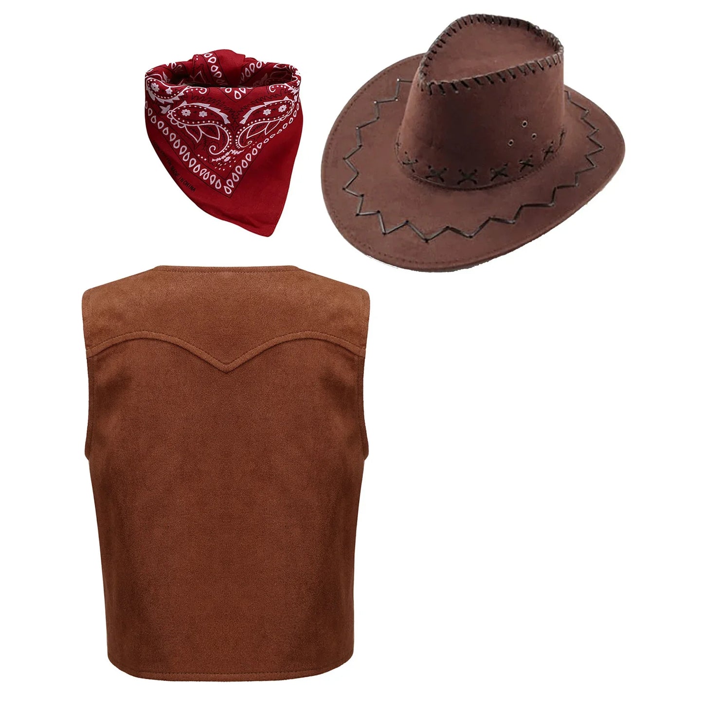 Gilet de Cowboy Western Wild West pour Garçons, Costume de Cosplay Hippie, Décor Frangé sur l'Ourlet, Gilet Ouvert sur le Devant avec Bandana et Chapeau en Feutre à Cordon de Serrage