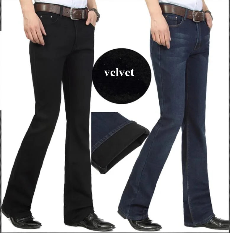 Men's Flared Jeans For Winter Thick Mid High Waist Slim Bell-bottoms Pants Elastic Fared Denim Trousers Size 26-40