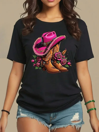 Western Cowboy Hat and Boot Pattern Women's T-shirt Fashionable Casual Short Sleeved Daily Street Round Neck Oversized Women Top