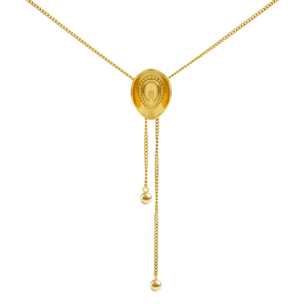 MEDFOLY Collier Chapeau de Cowgirl Western en Or pour Femmes Acier Inoxydable Anti-allergie Bolo Tie Cravate Cowboy Collier Long Western