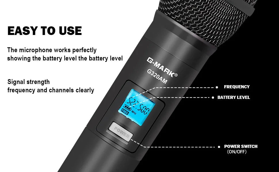 Sans fil Microphone G-MARK G320AM Professionnel UHF 2 Canaux Karaoké Mic De Poche Automatique Fréquence Réglable 100M