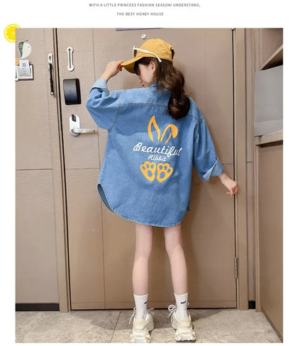 Chemisiers en Denim de Cowgirl de haute couture avec imprimé de lapin pour adolescente, chemise en Denim ample et décontractée à manches longues pour enfants