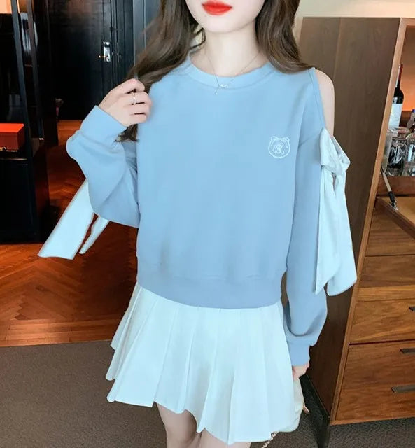 Sweat-shirt à épaules dénudées pour femmes, mode Harajuku, vêtements pour jeunes, Sport essentiel, nouveau, basique, bleu, hauts pull pour femmes