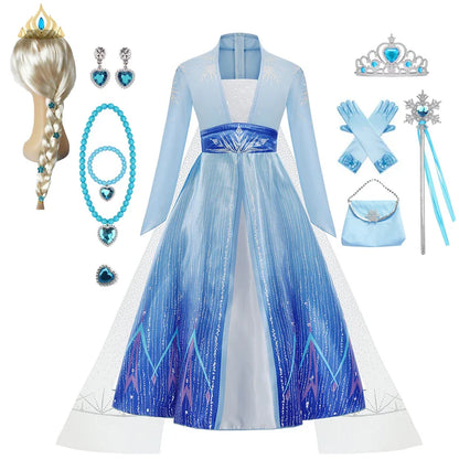 Déguisement Elsa pour Fille, Fête d'Anniversaire, Robe de Princesse Bleue à Manches Longues, Vêtement de Carnaval pour Enfants