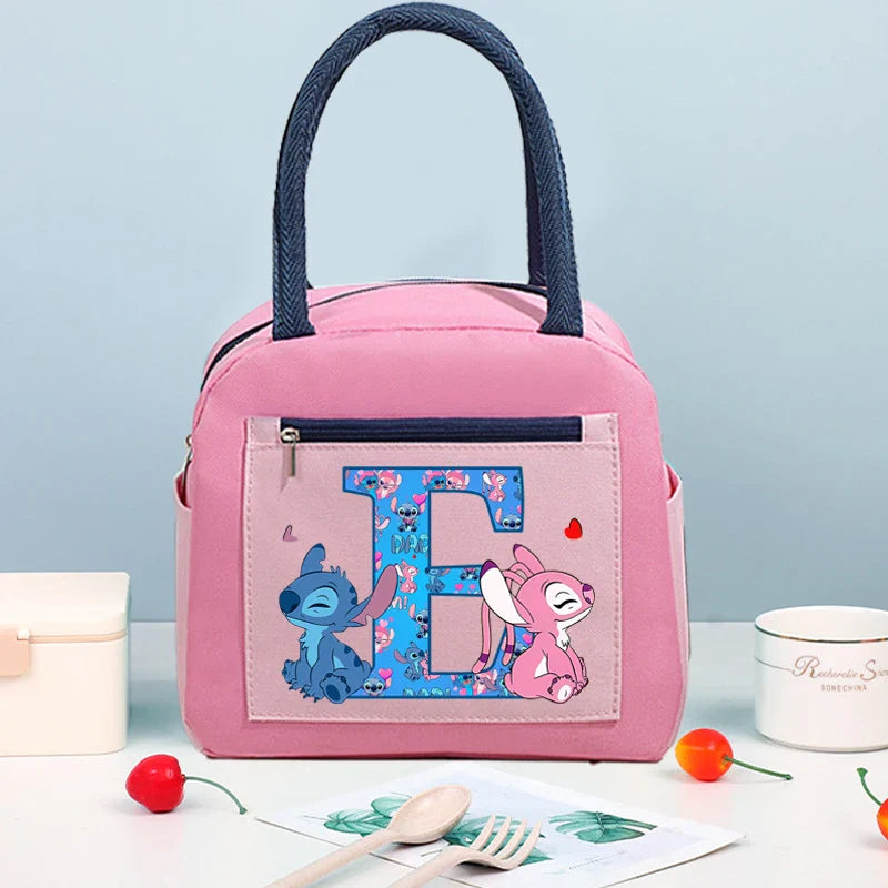 Anime Stitch High-capacity Lunch Bag Cartoon Letter A-Z Printed Insulated Box Picnic Portable Food Keep Fresh Handbag Bento Bags