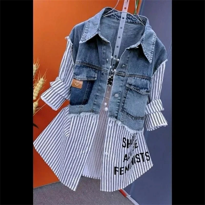 Women's denim jacket, fake two denim shirts, new spring-summer autumn 2025 collection, casual fashion, Joker stitching, striped tops, feminine coat