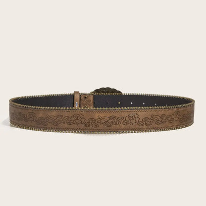 Fashion Adjustable Women Belt Vintage PU Leather Cowboy Belt Engraved-Buckle Boho Western Belt for Jeans Pants Dresses