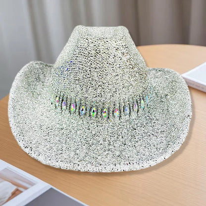 Chapeau de cowgirl pour femme élégant avec strass, chapeau de soleil à large bord, casquette western pour fêtes et usage quotidien