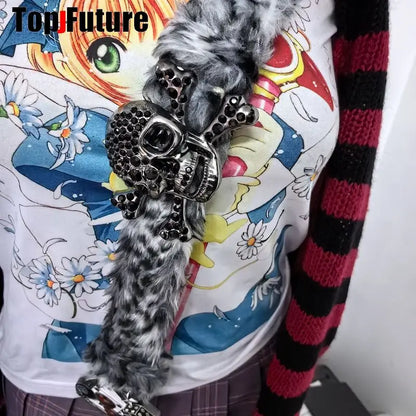 Y2K-Harajuku Western Cowboy Furry Snowleopard Punk Skull Belt, Gift for Women and Men, Girls