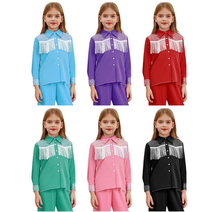 Enfants Filles Costume de Cowgirl Western Chemise à Manches Longues à Boutons Paillettes Franges Hauts Chemise Halloween Carnaval Cosplay Déguisement