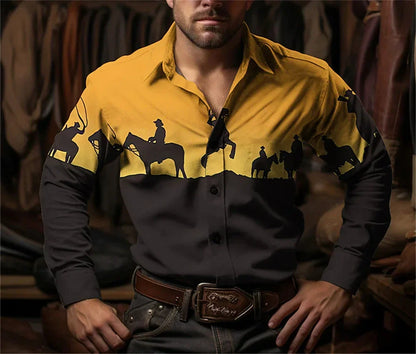Western Cowboy Flower Printed Long Sleeve Shirt for Spring and Summer Comfortable Soft Fabric Party Men's Collar Shirt