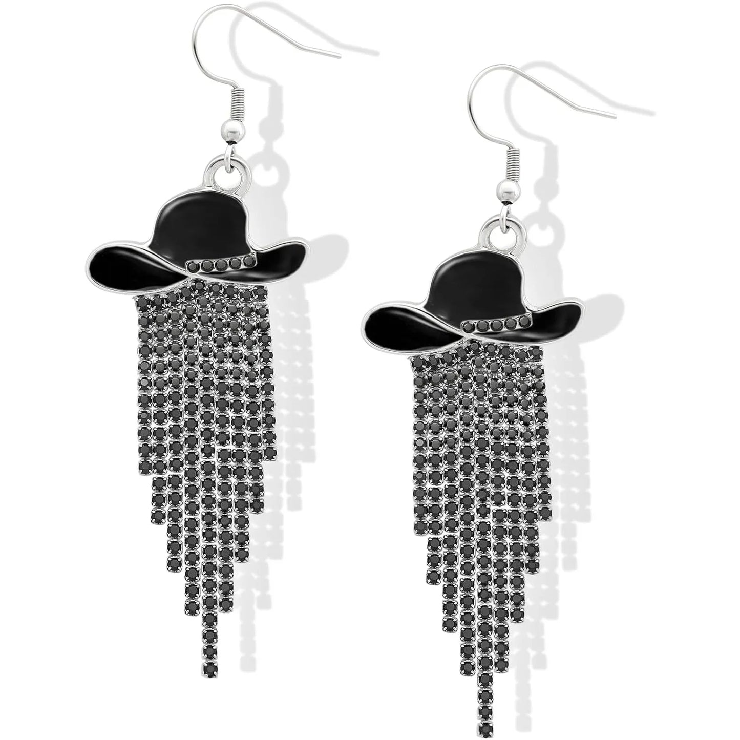 Boucles d'oreilles pendantes de cowgirl de l'Ouest, Chapeau en émail, Pendentif à pompon strass scintillant, Bijoux pour femmes pour bal, concerts country, rodéo, cow-boy