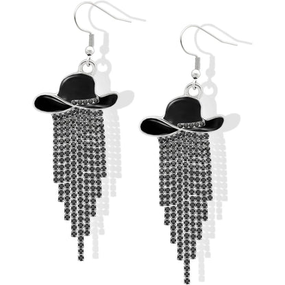 Boucles d'oreilles pendantes de cowgirl de l'Ouest, Chapeau en émail, Pendentif à pompon strass scintillant, Bijoux pour femmes pour bal, concerts country, rodéo, cow-boy