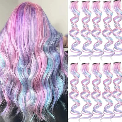 Extensions de cheveux Licorne 6 pièces de 55 cm, cheveux bouclés synthétiques à clipser pour femmes, idéales pour les déguisements d'Halloween et de Noël