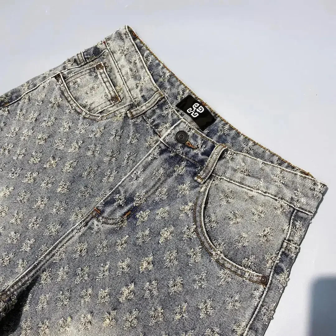 American Street Luxury Quality Retro Y2K Cowboy Shorts Summer Hip Hop Ins Mens Shaved Jacquard Couple Cowboy Pentagonal Pants