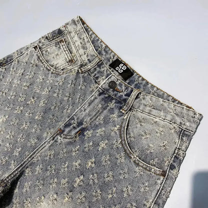 American Street Luxury Quality Retro Y2K Cowboy Shorts Summer Hip Hop Ins Mens Shaved Jacquard Couple Cowboy Pentagonal Pants